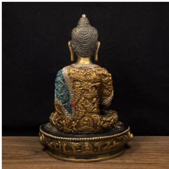 SHAKYAMUNI-BUDDHA STATUE-Bronze Metal Large Painted with Micro Carvings of Story - Picture 8 of 11